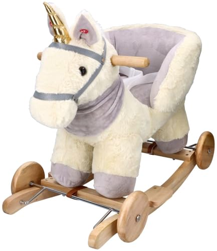 AdamToys - Schaukelpferd ab 1 Jahr - Schaukeltier mit weichem Sitz, Gurt und Tiergeräuschen - Stabile Holzkufen mit Fußstützen und Rädern - Baby 1 Jahr Geburtstag - Beige von AdamToys