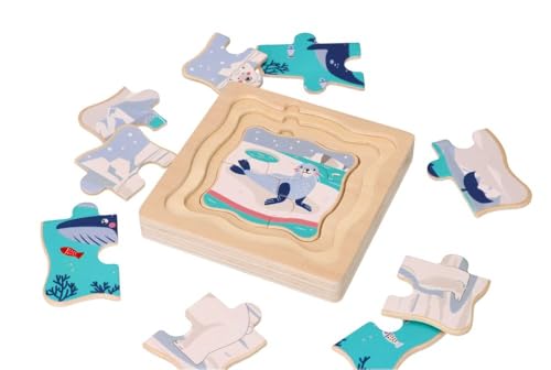 AdamToys - Steckpuzzle Holz ab 1 Jahr - Holzpuzzle für Kinder - Schichtenpuzzle mit Motiv Arktische Tiere - Lernspielzeug für Mädchen, Jungen - Förderung der Fantasie und Geschicklichkeit von AdamToys