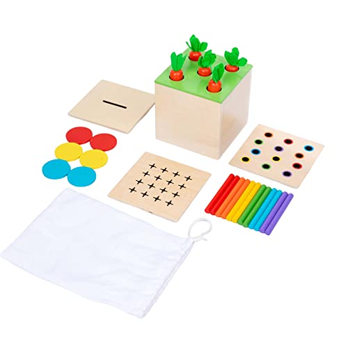4 in 1 Montessori Play Kit Box - Wattestäbchen Board Fine Motor Skills Game, Coin Box, Carrot Harvest Game, Matchstick Color Drop Game - Montessori Spielzeug für Babys 6-12 Monate, 1 Jahr, 2 Jahre von Adena Montessori