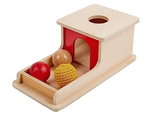 Adena Montessori Full Size Object Permanence Box mit Tablett DREI Bälle (Holz, Kunststoff, gestrickt), Montessori Spielzeug für Babys Kleinkind 6-12 Monate 1 Jahr alt Kleinkinder von Adena Montessori