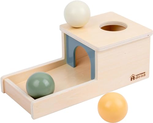 Adena Montessori Object Permanence Box mit Tablett, DREI Holzkugeln, Montessori-Spielzeug für 6–12 Monate alte Babys (kleine Box– Morandi-Farbe) von Adena Montessori