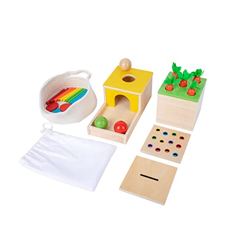 Adena Montessori Spielzeug für 1+ Jahre alte Spiel-Kit-Box enthält Karotte Ernte Spiele, Münze Box, Feinmotorik Spielzeug und Objekt Permanence Box, Montessori Spielzeug für Babys 6-12 Monate (4-in-1) von Adena Montessori