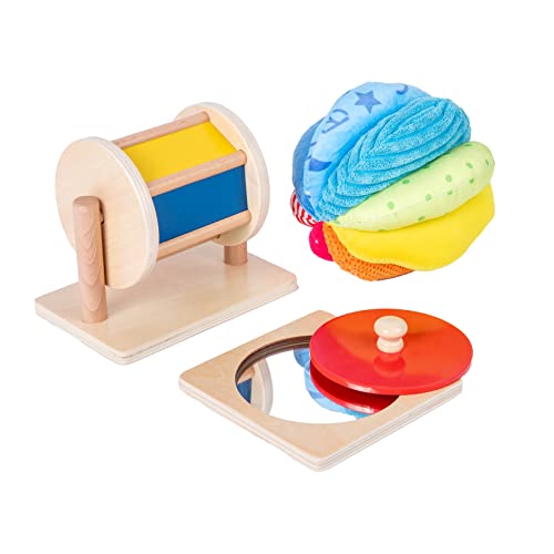 Montessori Baby Toys Play Kit Montessori Mirror Peekaboo Knob Puzzle, Medium Spinning Drum and Rainbow Fabric Ball Kit Toys for 6-12Months Toddlers (Play Kit 1) von Adena Montessori