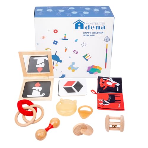 Montessori Spielset für 0-6 Monate Baby Tummy Time Interaktives Spielzeug Baby Gehirnentwicklung Spielzeug Rassel,Interlocking Rings Schwarz, Weiß Karte Soft Book und Holzbuch Rahmen mit Spiegel von Adena Montessori