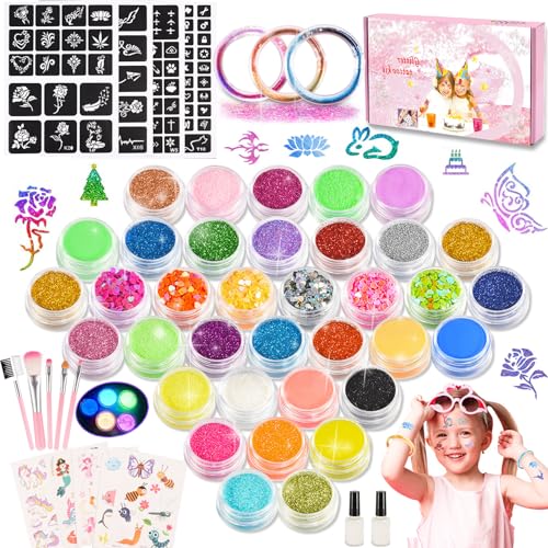 Adeokay Glitzer Tattoo Set Kinder-36 Farben, 3 Basteln Armband,124 Schablonen Glitzertattoos Kinder Mädchen Geschenke 6-10 Jahre Geschenkideen Stifte Einhorn Tattoos Spielzeug von Adeokay