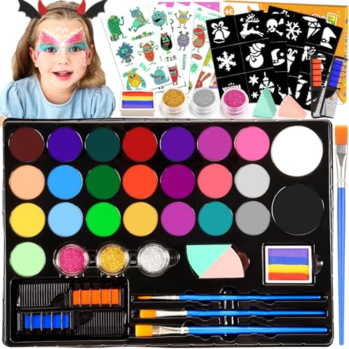 Kinderschminke Set, Halloween Schminke Karneval Faschingsschminke Kinder Professionelle mit 28 Farben Schminkpalette, 3 Berufs Pinsel, 30 Schablonen Ostern Mädchen Geschenke 3 4 5 6 7 8 9 10 Jahre von Adeokay