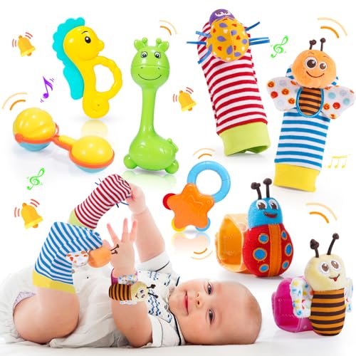 Baby Rassel 0-6 Monate, Baby Spielzeug 0 3 6 9 Monate Rasselsocken Baby 0-6 Monate Motorikspielzeug ab 1 Jahr Neugeborenen Baby Geschenk Saugnapf Spielzeug Montessori Spielzeug ab 1 2 Jahr von Adeokay