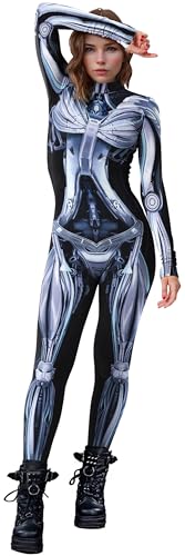 Adigau Halloween Kostüm Damen Hightech Technik Skelett Cosplay Jumpsuit Karneval Kostüm Bodysuit Skeleton Anzug für Erwachsene Skelett Kostüm Damen 3001 L von Adigau