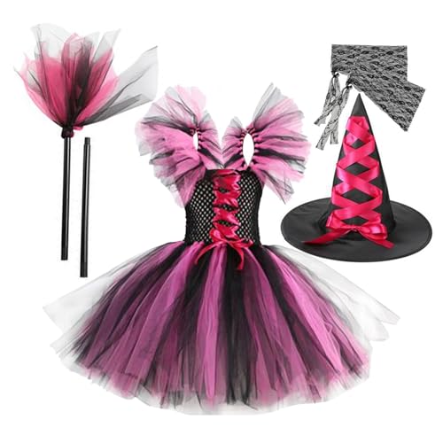 Adsfvs Halloween Tutu Kleid für Mädchen,Hexenkleid für kleine Mädchen | 4X Halloween Cosplay Hexenkleid Set,Besen- und Hutkostüm mit Ärmeln für Rollenspiele von Adsfvs