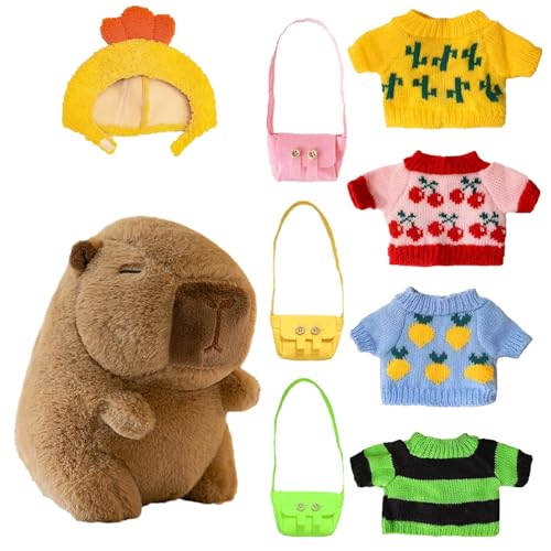 Capybara kuscheltier, 23cm Capybara plüschtier, Kinder-Plüschpuppenspielzeug Mit 8 Kleidungsstücken Und Accessoires, Süßes Kuscheltier-Capybara-Kissen, Stofftier-Wohndekoration für das Wohnzimmer von Adsfvs