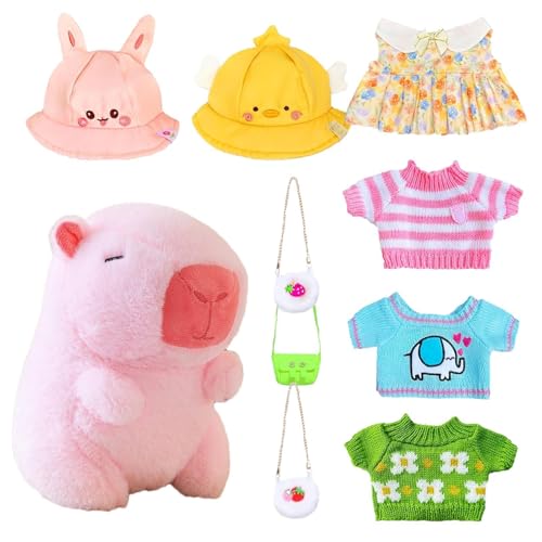 Capybara kuscheltier, 23cm Capybara plüschtier, Kinder-Plüschpuppenspielzeug Mit 8 Kleidungsstücken Und Accessoires, Süßes Kuscheltier-Capybara-Kissen, Stofftier-Wohndekoration für das Wohnzimmer von Adsfvs