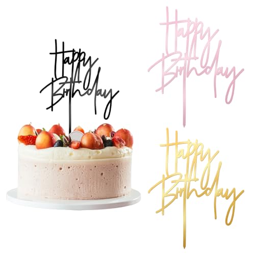 Aeaocvo 3 Stück Happy Birthday Tortendeko, Acryl Geburtstag Kuchen Deko, Personalisiert Cake Topper Geburtstag für Kinder Erwachsene(Rosa, Gold, Schwarz) von Aeaocvo