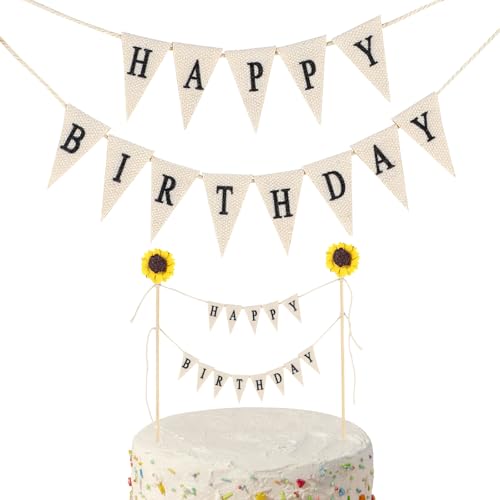 Aeaocvo Cake Topper Geburtstag, Mini Happy Birthday Girlande, Gold Vintage Wimpelkette Cake Topper Bunting Mit Sonnenblumen Holzstange, Cake Topper Geburtstag für Mädchen, Kinder von Aeaocvo