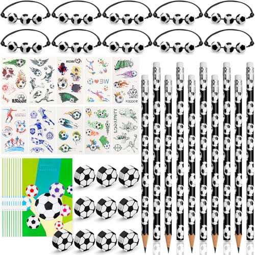 Aerzouser 50 Fußball-Party-Set, Bestehend aus 10 Fußball-Stiften, 10 Fußball-Radiergummis, 10 Fußball-Armbinden, 10 Fußball-Tüten, 10 Fußball-Tattoo-Aufklebern, Verwendbar für Fußball-Party-Kinder von Aerzouser