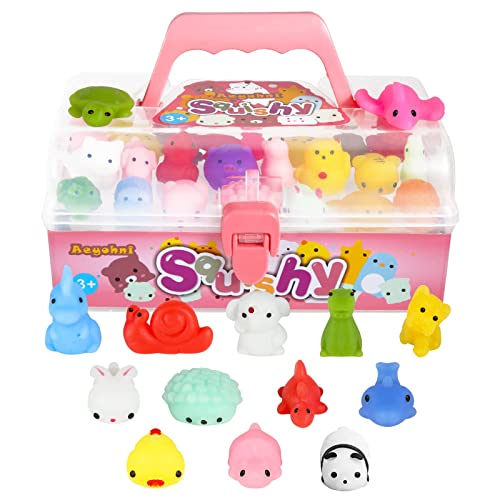 Aeyohni Squishy Toys 50 STK. Squishies Spielzeug Mochi Squishy als Mitgebsel für Kindergeburtstag Stress Abbauen Adventskalender Gummitiere Ostereier Füller Weihnachten mit Box (Keine Duplizierung) von Aeyohni