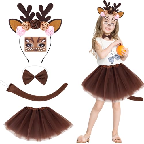 Afenau Rentier Kostüm Kinder, 5 IN 1 Reh Kostüm Damen, Kostüm REH Damen, Rentier Kostüm Dame, Rentier Kostüm Damen, Rentier Kostüm Mädchen für Karneval Cosplay Party Mottoparty (9-12 Jahre) von Afenau