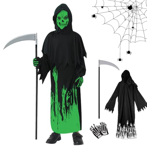 Afenau Sensenmann Kostüm, Halloween Kostüm Sensenmann, Halloween Sensenmann Kostüm Kinder, Halloween Leuchtenden Sensemann Kostüm, Skelett Handschuhen, Kostüm Set für Cosplay Party Halloween Karneval von Afenau