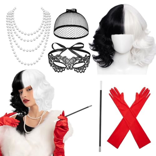 Cruella Devil Kostüm Damen, Afenau 6 Stück Cruella Kostüm Damen mit Cruella de Ville Perücke, Perückenmütze, Spitze Maske, Perlenartige Halskette, Handschuhe,Plastikhalter, für Partykleider, Cosplay von Afenau