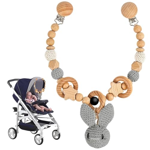 Kinderwagenkette Holz Baby,Kinderwagen Kette für Babys,Kinderwagen Spielzeug,Kinderwagenkette Junge mit Süßer Hase Anhänger,Tierform Kinderwagenspielzeug mit Glocke für Junge Mädchen von Afenau