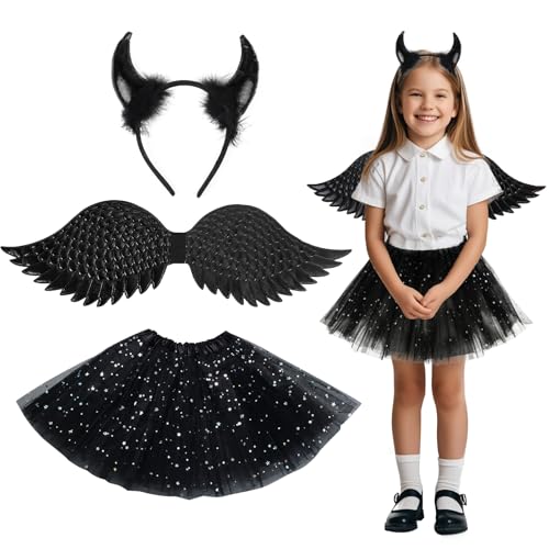 AffeGifts Teufel Kostüm Kinder Mädchen,Schwarzes Halloween Kostüm Dunkle Fee Kostüm Teufel Horn,Flügel und Tutu Rock 3-pcs Fancy Kleid Party Outfit für Mädchen ab 3-6 Jahre Alt von AffeGifts