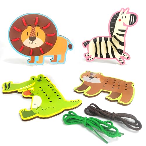 Fädelspiel Aus Holz, 4pcs Montessori Holzspielzeug Fädelspiel Tiere Pädagogische Schnürspielzeug für Kinder Nähkarten Kinder Kleinkind Reise Spielzeug Geschenke für Jungen Mädchen 2-5 Jahre Alt von AffeGifts