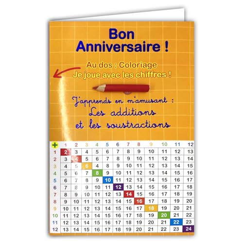 67-1102-B Lernkarte Bon Birthday, magisches Ausmalen, Spiel mit Bleistift in zufälliger Farbe und gelbem Umschlag. Ich lerne mit Spaß Additionen Subtraktionen für Kinder CP CE1 ab 5 6 7 Jahren von Afie