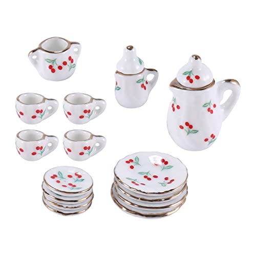 Aflytep 15 Stueck Miniatur Puppenhaus Geschirr Porzellan Tee Set Geschirr Tasse Teller rote Kirsche von Aflytep