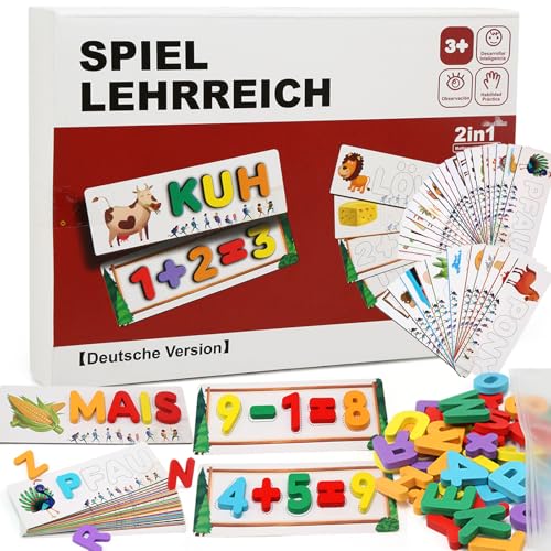 Afufu Deutsch 32 Karten Buchstaben Alphabet Lernen Zahlen Spiel ab 3 Jahre, 2 in 1 Holzspielzeug Montessori Edukativ Kinder Activity Lernspielzeuge, Einschulung Geschenk Mädchen Junge 4 5 6 7 8 Jahre von Afufu