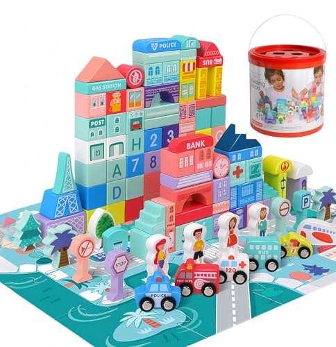 Afunti Hölzerne Bausteine Set 108 Pcs Montessori Spielzeug für Kleinkind Kinder und Kinder. Pädagogische Ziegel mit Gebäuden, Alphabet, Zahl und Transport Spielzeug von Afunti