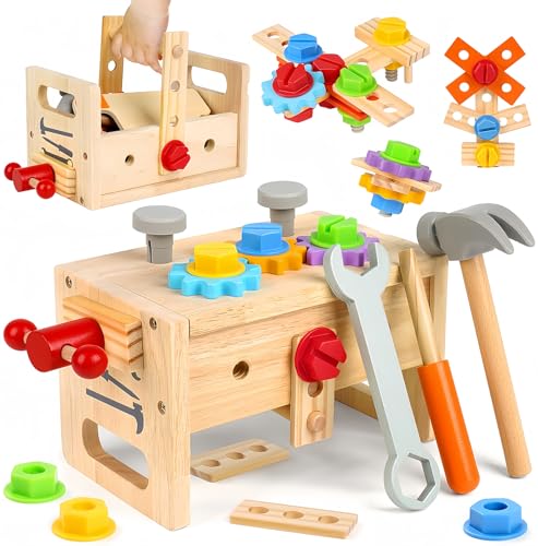 Afunti Holz Kinder Werkzeug Set Jungen Mädchen Spielzeug Montessori hölzernes Werkzeug mit Bank Spielzeug für 2 3 4 5 6 Jahre alter Junge Mädchen Rollenspiel Pädagogischer Bau Kleinkind Spielzeug von Afunti