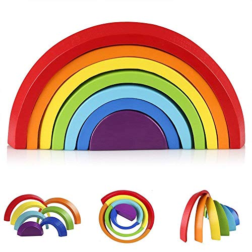 Afunti Holz Regenbogen Lernspielzeug 7-teilig Holzbausteinen Stapelspiel für Feinmotorik für Kinder 2 3 4 5 Jahren Kinder Mädchen Junge von Afunti