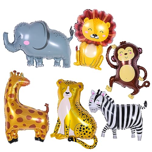 6 Stück Riesen Lächeln Dschungel Safari Tiere Luftballons, großer Affe, Elefant, Zebra, Leopard, Löwe, Giraffe, Folienballons für Wild One Safari, Zoo, Dschungel, Motto-Party, Babyparty, von Afuntuo
