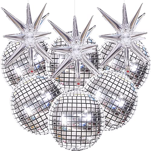 9 Stück riesige silberne 4D-Discokugel-Luftballons, 55,9 cm Silber-Explosionsstern-Folienballons und 4D-runde Metallic-Silber-Disco-Luftballons für 70er, 80er, 90er, Disco-Themen-Party-Dekorationen von Afuntuo