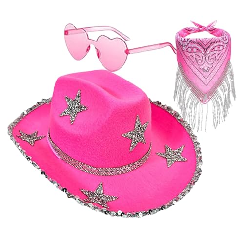 Afurl Glitzernde Cowgirl-Mütze, Strass-Cowgirl-Mütze, 3X klassischer Glitzer-Cowboyhut mit Sonnenbrille, Cosplay-Zubehör-Set, glitzernder Cowgirl-Hut für Disco-Partys, Western-Hochzeits-Cosplay von Afurl