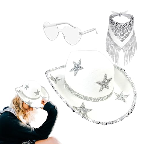 Afurl Glitzernde Cowgirl-Mütze, Strass-Cowgirl-Mütze - 3X Strass-Stern-Quasten-Bandana | Cosplay-Zubehör-Set, glitzernder Cowgirl-Hut für Disco-Partys, Western-Hochzeits-Cosplay von Afurl