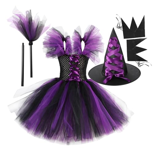 Afurl Kleines Mädchen Hexenkleid,Mädchen Tutu Hexenkleid,4X Halloween Cosplay Hexenkleid Set | Besenhut Ärmel Cosplay Requisiten Kinder Festival Performance Kleidung von Afurl