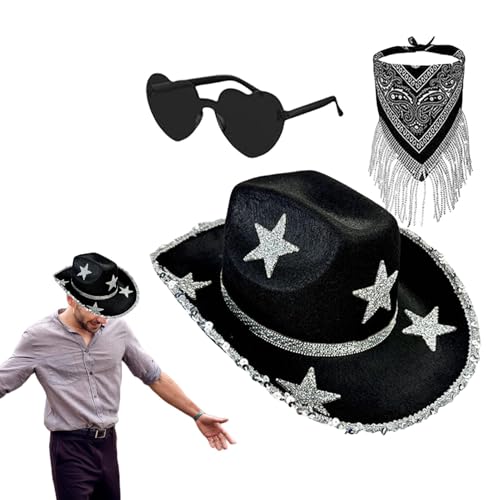 Afurl Strass Cowboyhut,Disco Cowboyhut - 3X herzförmige Sonnenbrille Cowboyhut,Cosplay-Zubehör-Set, glitzernder Cowgirl-Hut für Disco-Partys, Western-Hochzeits-Cosplay von Afurl