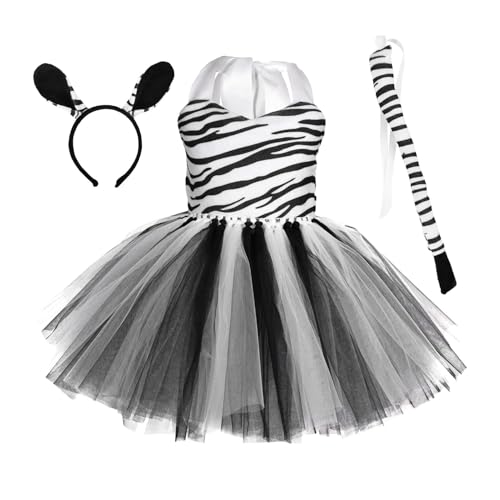 Afurl Tier-Zebra-Cosplay-Kostüm, Tierkostüm-Set - Ärmelloses Cosplay-Kostüm mit passendem Haarband - Mädchenkostüme mit Zebra-Tiermuster für Mottopartys, passend für Kinder von 1 bis 12 Jahren von Afurl