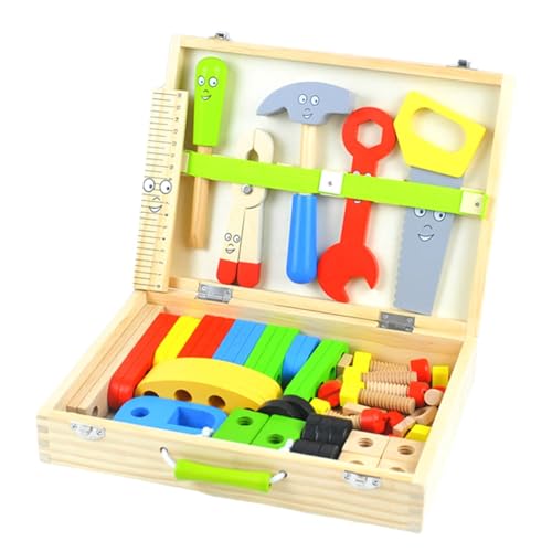 Afurl Werkzeugkasten für Kinder, Spielzeug-Werkzeugset,69-teiliges Cartoon-Spielwerkzeug-Werkbank-Set aus Holz | Pädagogischer Werkzeugsatz für Kinder, Konstruktionsspielzeug, tragbarer Werkzeugkasten von Afurl