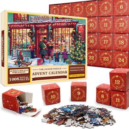 Weihnachts-Adventskalender-Puzzle 2024, Weihnachts-Countdown-Kalender, 1008 Teile Weihnachts-Puzzlekalender, 24-Tage-Puzzles für Erwachsene und Kinder von Afurl