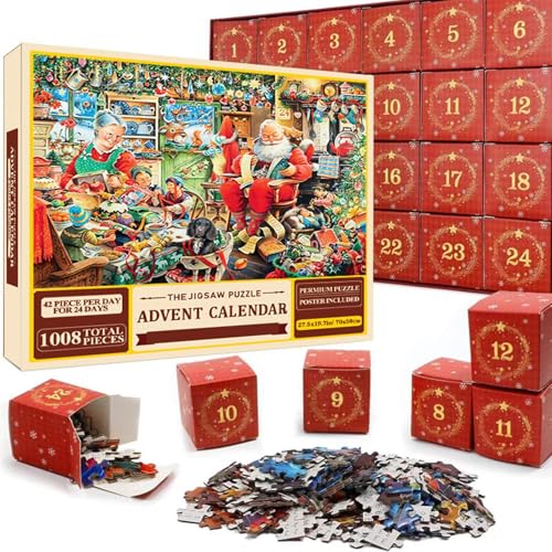 Weihnachts-Adventskalender-Puzzle 2024, Weihnachts-Countdown-Kalender, 1008 Teile Weihnachts-Puzzlekalender, 24-Tage-Puzzles für Erwachsene und Kinder von Afurl