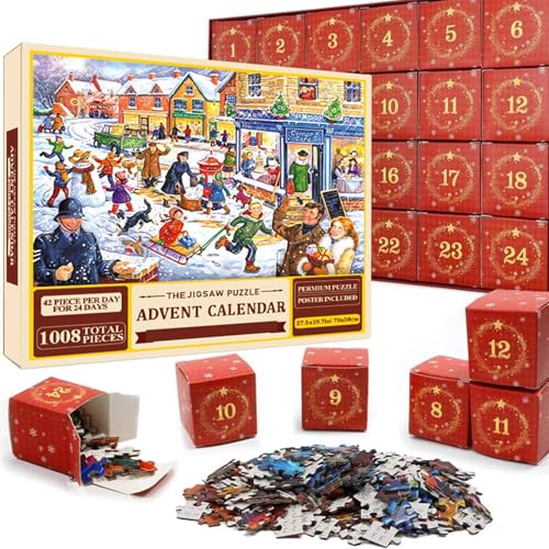 Weihnachts-Adventskalender-Puzzle 2024, Weihnachts-Countdown-Kalender, 1008 Teile Weihnachts-Puzzlekalender, 24-Tage-Puzzles für Erwachsene und Kinder von Afurl