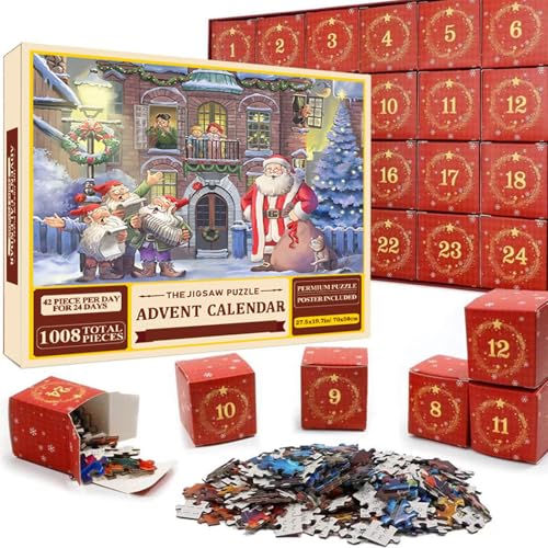 Weihnachts-Adventskalender-Puzzle 2024, Weihnachts-Countdown-Kalender, 1008 Teile Weihnachts-Puzzlekalender, 24-Tage-Puzzles für Erwachsene und Kinder von Afurl