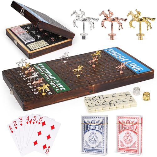 Deluxe Faltbares Pferderennen Brettspiel Set mit Metallpferden, Faltbares Brett, Metallwürfel, Domino-Set und Kartenspiel - Premium Familienstrategie Brettspiel für Partys, Reisen und Spieleabend von Agirlgle