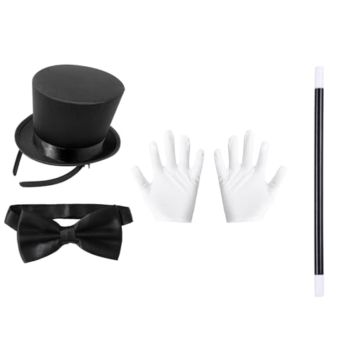 Agoky 4/5-teiliges Halloween Zauberer Set Magier Top Hut Stirnband Zauberstab Handschuhe Fliege Quasten Schulterklappen Erwachsene Mottoparty Karneval Fasching Typ B One Size von Agoky