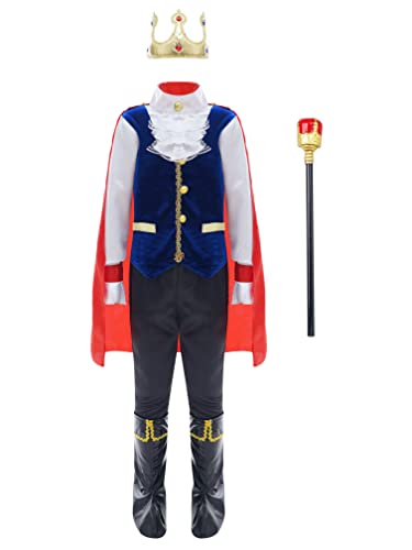 Agoky 7/2 Stücke Jungen Mittelalterlichen Prinz König Kostüm Kind Umhang Krone Royal Schlagstock Halloween Kostüme für Kinder Cosplay Rollenspiel Party Blau E 122-128 von Agoky