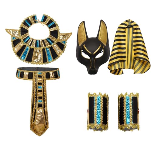 Agoky Ägyptischer Totengott Anubis-Kostüm Schakal Maske Halskragen Zepter Handgelenkbänder Gürtel Erwachsene Cosplay Halloween Kostüm Requisiten Typ B One Size von Agoky