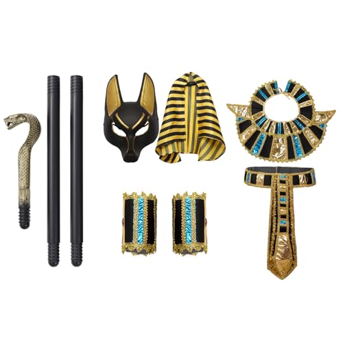 Agoky Ägyptischer Totengott Anubis-Kostüm Schakal Maske Halskragen Zepter Handgelenkbänder Gürtel Erwachsene Cosplay Halloween Kostüm Requisiten Typ C One Size von Agoky