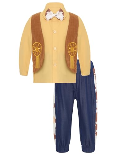 Agoky Baby Jungen Cowboy Kostüm Set aus Langarm Hemd Wildleder Weste und Sporthose Kuh Flecken Fliege Kleinkinder Halloween Cosplay Outfits Gelb 68-74 von Agoky