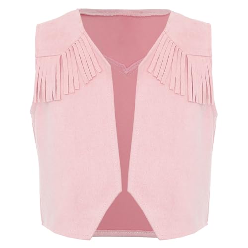 Agoky Baby Jungen Cowboy Kostüm Western Wildleder Gilet Ärmellose Gilet Vorne Offene Anzugweste Retro Blazer Jacke Hippie Outfits Rosa 50-56 von Agoky